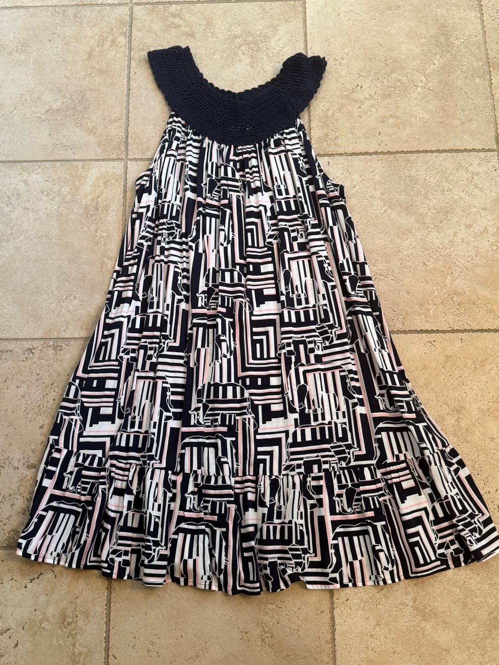 crown & ivy Navy Knit-Yoke A-Line Dress with Black & White Geometric Print